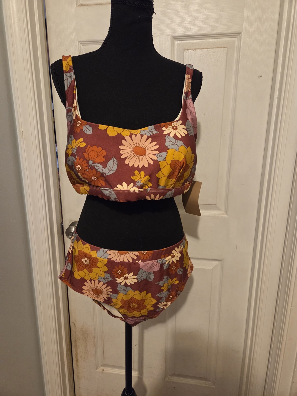 Retro Floral Two-Piece Bikini in Rust and Mustard